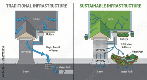 Gray versus green infrastructure stormwater comparison diagram