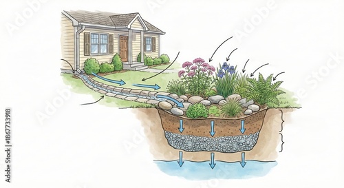 Residential rain garden with roof runoff infiltration system