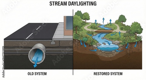 Stream daylighting comparison showing culverted versus restored urban creek