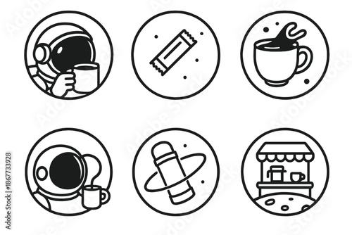 Astronaut Coffee Break Icons. Line style circular vector icons of astronaut coffee break: helmet mug reflection, floating sugar