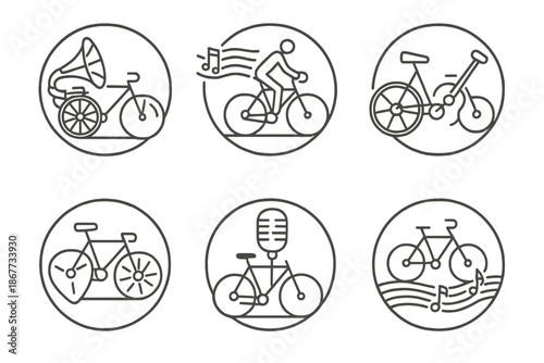 Pedal Symphony Icons. Line style circular vector icons of pedal symphony: gramophone-wheel bike, flowing melody behind cyclist,