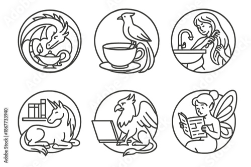 Mythical Home Icons. Line style circular vector icons of domestic mythology: dragon curled around a lamp, phoenix perched on