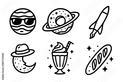 Fashionable Cosmic Icons. Line style circular vector icons of fashionable cosmos: Jupiter with sunglasses, ringed donut planet,