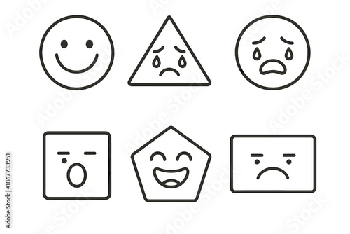 Geometric Mood Icons. Line style circular vector icons of geometric moods: circle grin, triangle tears, square yawning, pentagon