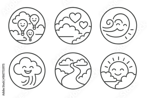 Emotional Journey Icons. Line style circular vector icons of emotional journey: clouds with tiny hot air balloons shaped like