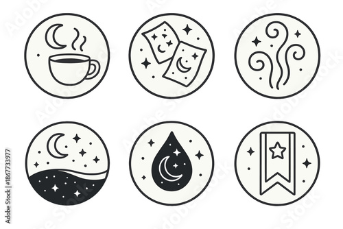 Nocturnal Study Icons. Line style circular vector icons of nocturnal study: moon cup with coffee, floating pages as moons, glowing