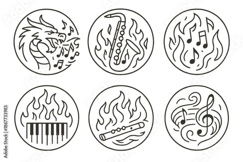 Harmonic Blaze Icons. Line style circular vector icons of harmonic blaze: dragon breathing music symbols, fiery saxophone scales,