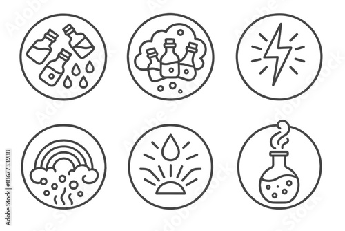 Magical Forecast Icons. Line style circular vector icons of magical forecast: bottles raining color drops, cloud of potions,
