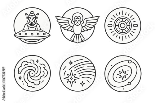 Cosmic Deity Icons. Line style circular vector icons of ancient cosmos: winged deity in spaceship, glowing solar wings, radiant