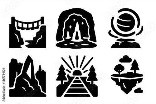 Adventure Icons Collection. Solid style icons of adventure landscapes in : rope bridge, glowing cavern, spinning orb, prism cliff,