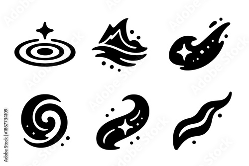 Magical Water Icons. Solid style icons of magical water effects in : glowing ripple, prism wave, radiant current, ethereal swirl,