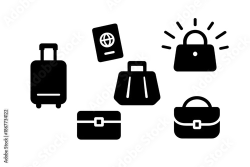 Levitating Travel Icons. Solid style icons of levitating travel items in : floating suitcase, hovering passport, prism luggage,