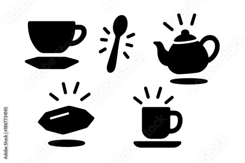 Levitating Kitchen Icons. Solid style icons of levitating kitchen items in : teacup, prism saucer, glowing spoon, radiant kettle,