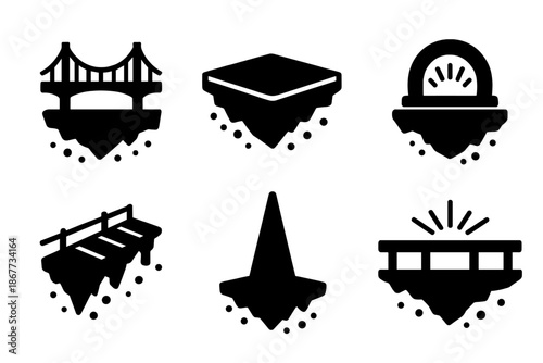Levitating Architectural Icons. Solid style icons of levitating structures in : bridge, floating platform, prism span, radiant