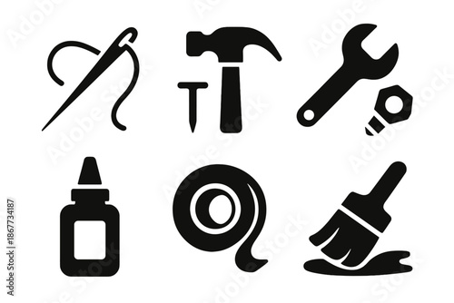DIY Repair Icons. Solid style icons of DIY repairs: needle thread, hammer nail, wrench bolt, glue bottle, tape roll, paintbrush