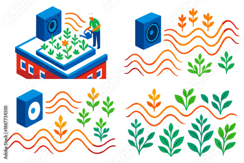 Harmonic Urban Garden. Isometric vector illustration set Urban Gardening with Sound Waves: city rooftop garden with speakers