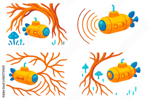 Submarine in Forest Roots. Isometric vector illustration set Submarine Exploring Forest Root Systems: submersible gliding through