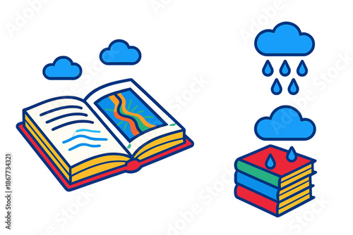 Books and Atmospheric Rivers. Isometric vector illustration set Library Books Forecasting Atmospheric Rivers: open encyclopedia