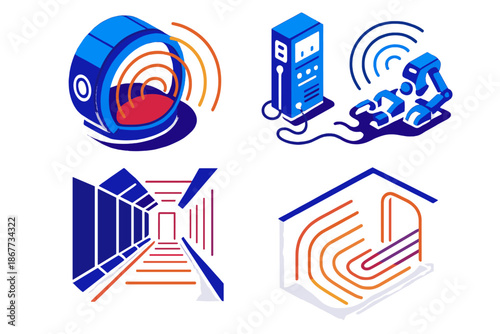 Archaeoacoustic Soundscapes. Isometric vector illustration set Archaeoacoustics of Abandoned Space Stations: observation module
