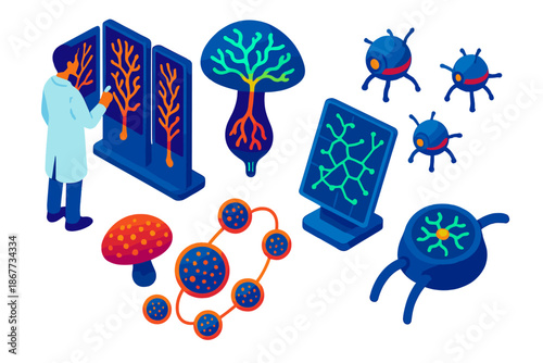 Biomimetic Mycelium Interfaces. Isometric vector illustration set Biomimetic interfaces for mycelium networks: scientist