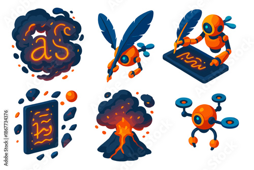 Volcanic Poetry in Motion. Isometric vector illustration set Volcanic ash writing poetry: orbiting ash clouds shaping luminous