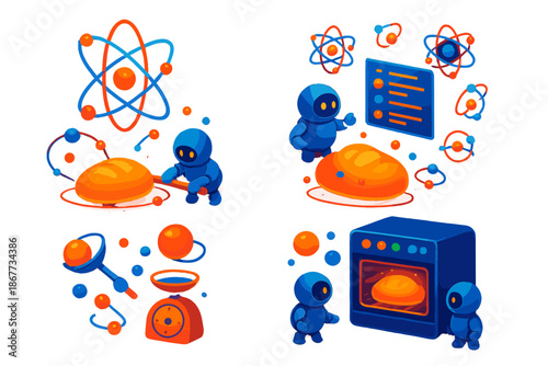 Subatomic Baking Magic. Isometric vector illustration set Subatomic particles baking bread: floating atoms and electrons forming