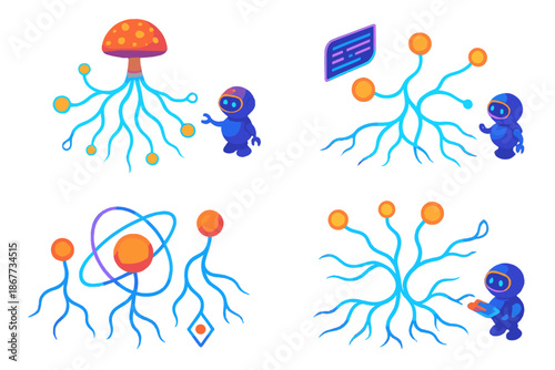 Luminous Mycelium Network. Isometric vector illustration set Mushroom roots as networks: floating luminous mycelium roots