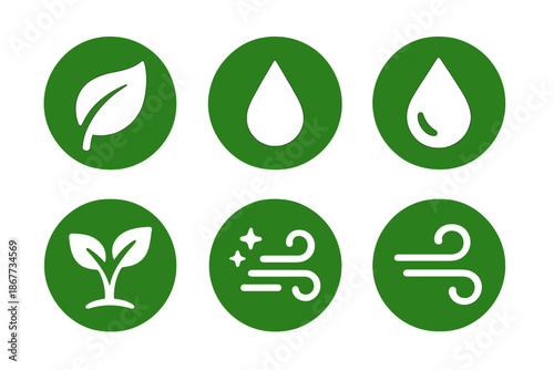 Eco Icons Collection. Solid style round vector icons of eco purity: green leaf, water drop, dew, sprout, clean air, soft breeze No