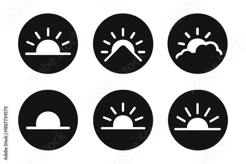 Sunrise Icon Collection. Solid style round vector icons of sunrise moments: rising sun, mountain silhouette, clouds, early light,