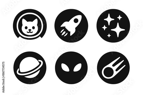 Astronaut Cat Icons. Solid style round vector icons of astronaut feline: cat face in helmet, rocket, stars, planet ring, glowing