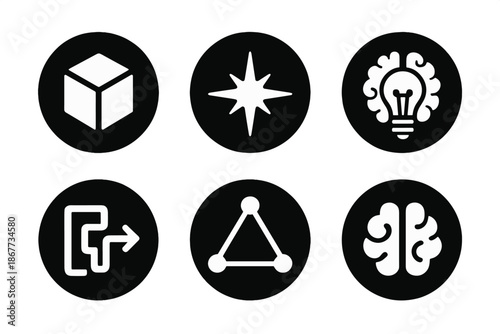 Problem Solving Icons. Solid style round vector icons of problem solving: 3D cube, spark star, idea burst, brain light, logic path