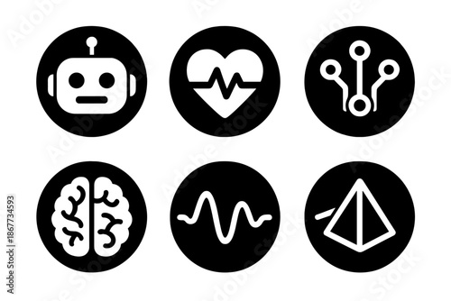 Tech Emotion Icons. Solid style round vector icons of technology and emotion: robot face, heart pulse, circuit, brain, wave, prism