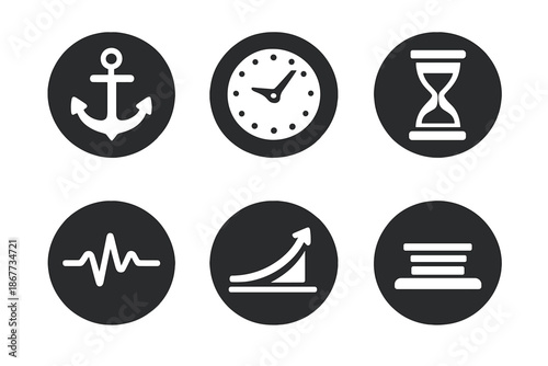 Temporal Balance Icons. Solid style round vector icons of temporal balance: anchor, clock, sandglass, current line, motion curve,