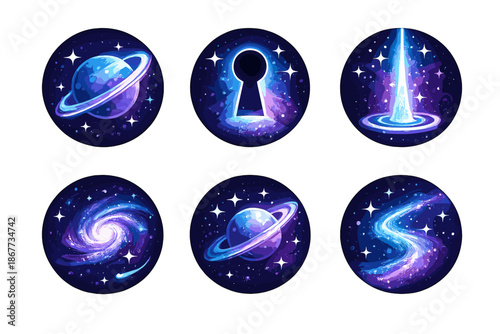 Galactic Icons Showcase. Solid style round vector icons of galactic insight: orbit, keyhole, beam, spiral, cosmic ring, path glow