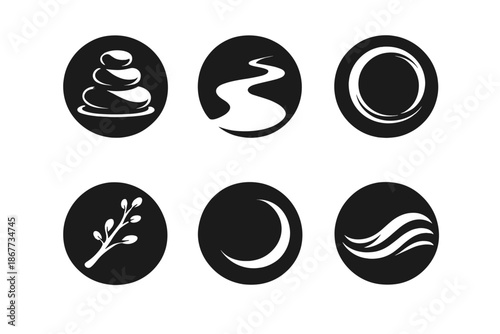 Life Movement Icons. Solid style round vector icons of life movement: pebble, pathway, circle ring, branch, shadow, wave No text,