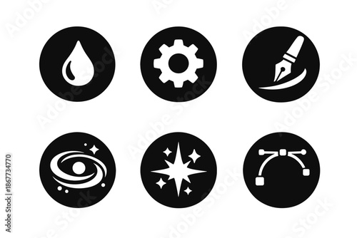 Mechanical Creativity Icons. Solid style round vector icons of mechanical creativity: inkdrop, gearwheel, stroke line, motion ring