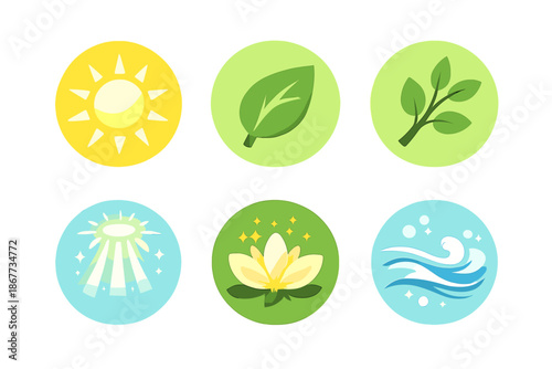Natural Vitality Icons. Solid style round vector icons of natural vitality: sunbeam, leaflet, branch, light ray, bloom, flow No