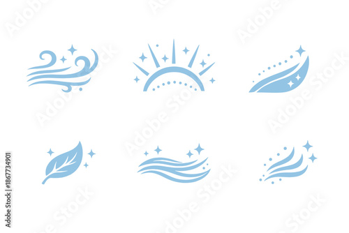 Serene Expansion Icons. Solid style icons of serene expansion: soft breeze, radiant arc, upward curve, delicate leaf, light wave,