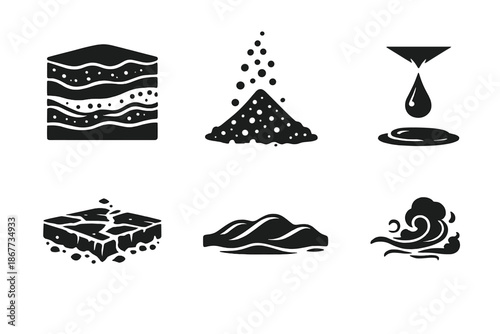 Transforming Matter Icons. Solid style icons of Transforming Matter: sediment layer, falling grain, drip point, cracked surface,