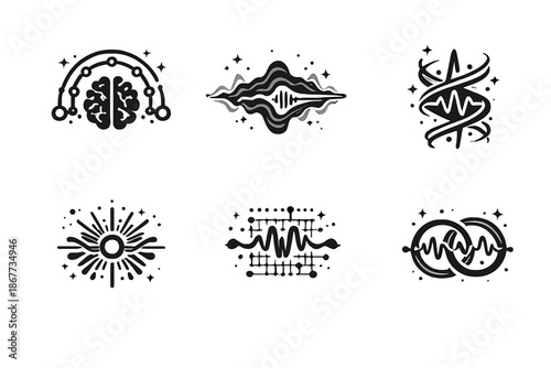 Neural Soundflow Icons. Solid style icons of Neural Soundflow: algorithm arc, echo stream, signal thread, pulse bloom, data