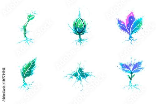 Electric Flora Icons. Solid style icons of Electric Flora: pulse stem, radiowave bud, neon petal, current leaf, energy root,