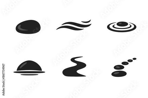 Subtle Icon Motions. Solid style icons of Subtle Motion: stone dot, flowing line, small ripple, grounded arc, gentle path, pebble