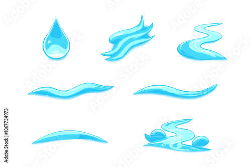 Silent Motion Icons. Solid style icons of Silent Motion: glowing droplet, mist thread, flowing path, smooth line, subtle arc,