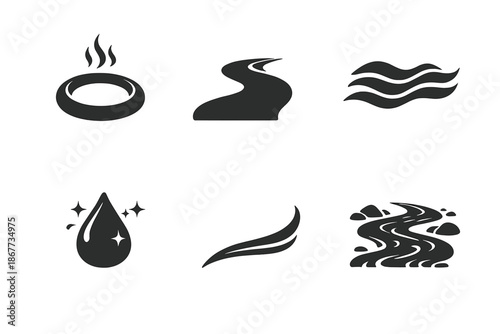 Serene Motion Icons. Solid style icons of Serene Motion: mist ring, soft path, gentle wave, light droplet, curved line, calm