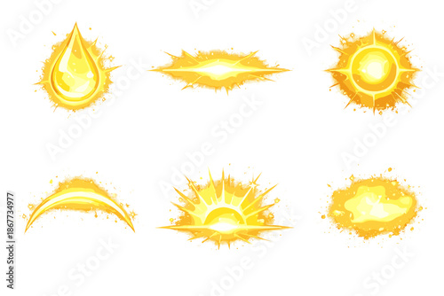 Radiant Essence Icons. Solid style icons of Radiant Essence: pure droplet, glowing line, warm core, luminous arc, sunrise beam,
