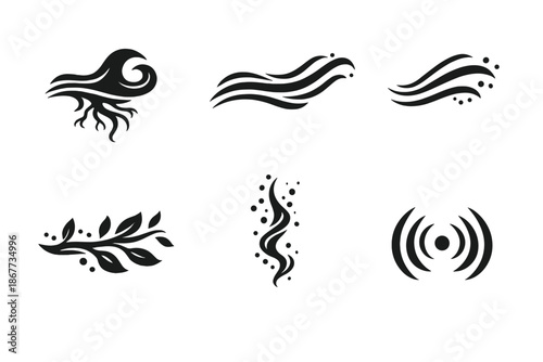 Breathing Foundation Icons. Solid style icons of Breathing Foundation: root wave, wind curve, echo streak, flowing branch,