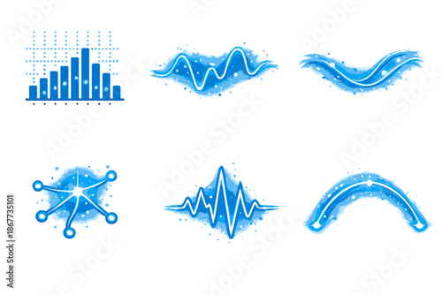 Visual Audio Icons. Solid style icons of Visual Audio: trace grid, sound lace, flowing line, glowing node, pulse thread, luminous