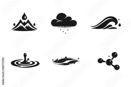 Iconic Gentle Peaks. Solid style icons of Gentle Peaks: drop crest, cloud fade, flowing arc, soft ripple, luminous line, airy node
