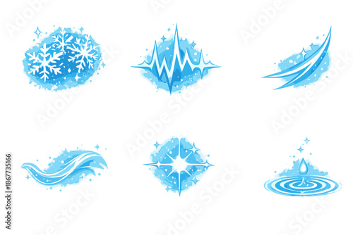 Crisp Resonance Icons. Solid style icons of Crisp Resonance: frost grain, sound crest, sharp arc, flowing thread, luminous node,