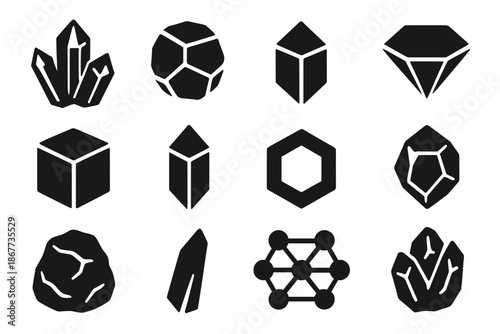 Crystal Structure Icons. Solid style icons of crystal structures and materials: quartz, sugar crystal, salt crystal, diamond, cube